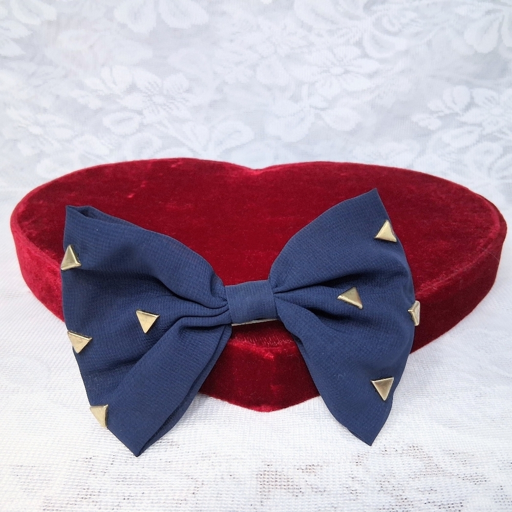 Fabric Bow Barrette French Clip Navy Blue With Brass Studs